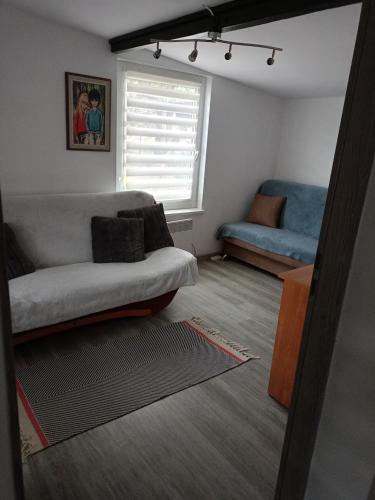 a living room with a couch and a window at Chatka u Patryka in Nowe Miasto