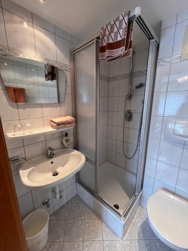 a bathroom with a shower and a sink at Pension Haidachhof in Reith im Alpbachtal