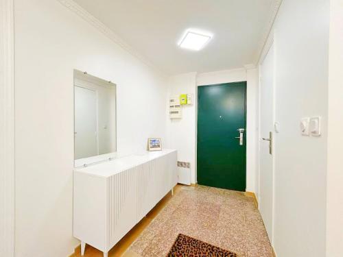 La salle de bains est pourvue d'un lavabo, d'un miroir et d'une porte verte. dans l'établissement Apartment Le Marais, à Paris