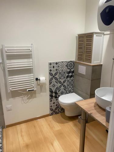 une salle de bain avec toilettes et lavabo dans l'établissement Le lodge, à Dole