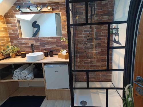 a bathroom with a sink and a brick wall at Le Moulin des Forges in Sainte-Suzanne