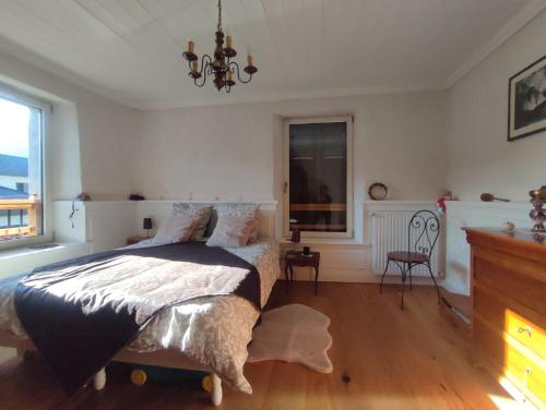 a bedroom with a bed and a window and a chandelier at Chambre atypique 2 pers 200m du lac in Saint-Jorioz