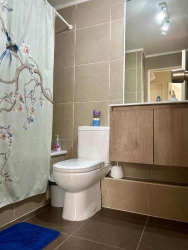 a bathroom with a toilet and a shower curtain at Amplio departamento in Temuco