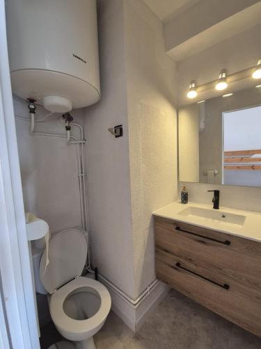 une salle de bain avec toilettes, lavabo et miroir dans l'établissement Charmant studio Climatisé avec Terrasse, Piscine et Parking dans le beau quartier du PONANT, à La Grande Motte