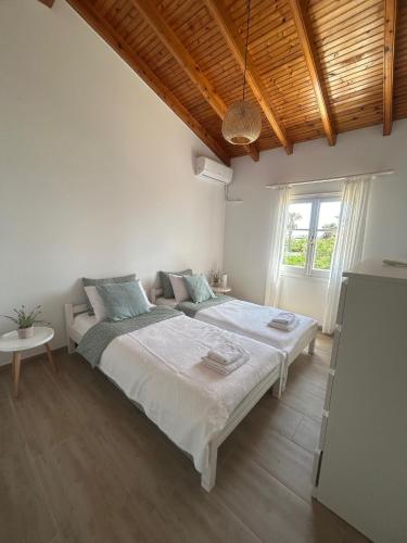 a white bedroom with a large bed and a window at Oleander Apartment in Agios Georgios