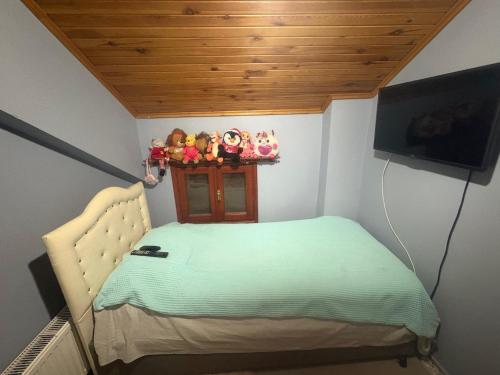 a small bed in a room with a flat screen tv at Detached Stone Villa with Pool Sleeps 9 in Burhaniye