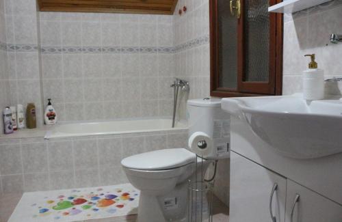 a bathroom with a toilet and a sink and a tub at Detached Stone Villa with Pool Sleeps 9 in Burhaniye