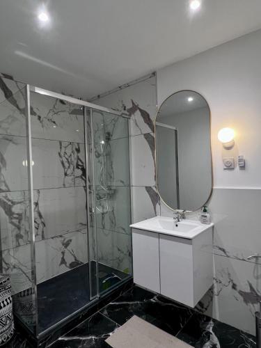 une salle de bain avec une douche, un lavabo et un miroir dans l'établissement Féria apartment city center, à Béziers