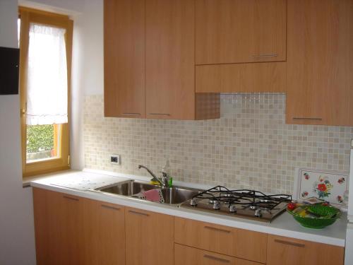 a kitchen with wooden cabinets and a sink and a window at 03 Virgilio Zanetti in San Zeno di Montagna