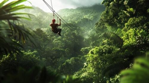 a man on a zip line in the jungle at Pandanus Lodge & Retreats Bungalow Orchidee in San Ramón