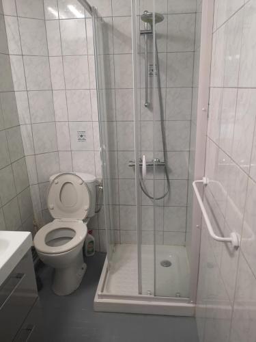 une salle de bain avec une douche avec des toilettes et un lavabo dans l'établissement Maisons de vacances 6 pers proche plan d'eau, à L'Aiguillon-la-Presqu'île