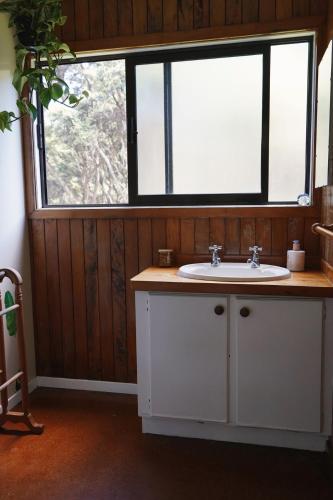 a bathroom with a sink and a window at Okupu Beach House in Okupu