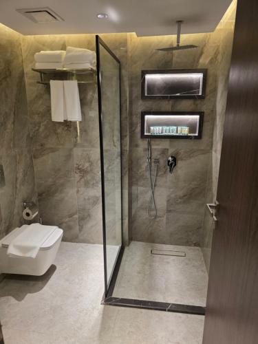 a bathroom with a shower and a toilet at Sedra Global Hotel, Madinah - فندق سدرة العالمى, المدينة in Al Madinah