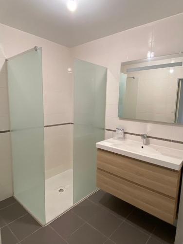 une salle de bain avec un lavabo et un miroir dans l'établissement Bel appartement dans une résidence avec piscine, à Roquebrune-sur Argens