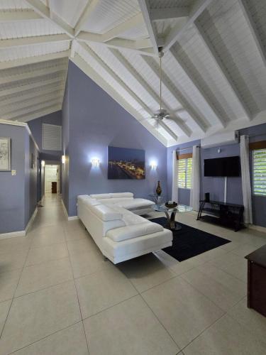a large living room with a white couch and a tv at Hibiscus Retreat in Banks