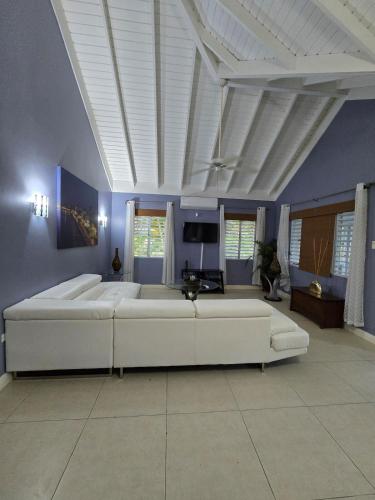 a living room with two white couches and a tv at Hibiscus Retreat in Banks