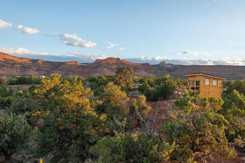 a house in the middle of the desert with trees at Tiny Cabin #3 at The Cedars in Kanab