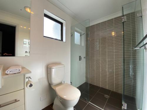 スレッドボにあるBlues Air 3B - Thredboのトイレとガラスのシャワー付きのバスルーム