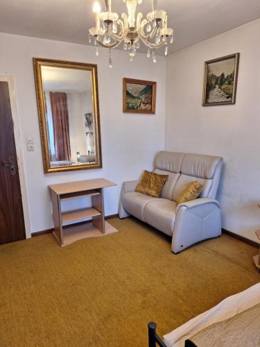 a living room with a couch and a mirror at Darmstadt Living in Darmstadt