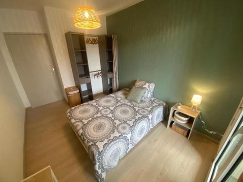 une chambre avec un lit dans une pièce verte dans l'établissement Hyper Centre Apartment with Garage, au Mans