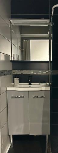 une salle de bain avec un lavabo blanc et un miroir dans l'établissement LE PETIT LIBERT 1 - Votre studio à Port Soleil au Village Naturiste, au Cap d'Agde