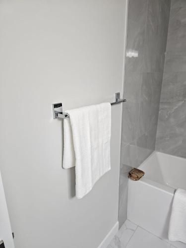 a bathroom with a shower and a white towel at Brand-New Guesthouse-2bedrooms in Calgary