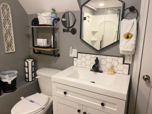 a bathroom with a sink and a toilet at The Hive - Unique Themed Getaway in Billerica