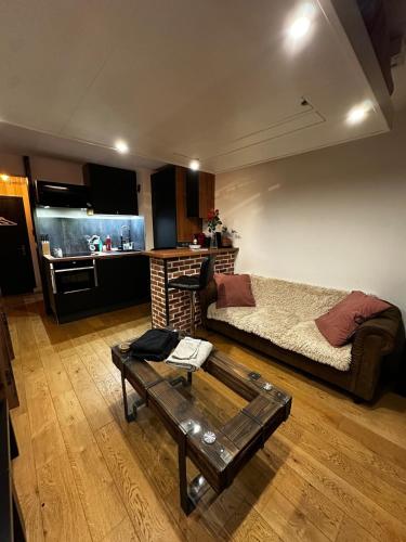 un salon avec un canapé et une table dans l'établissement Charmant studio face Gare, à Annecy