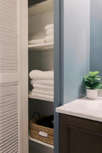 a bathroom with a closet with towels and a plant at Near Hershey, Entire house with Fire Pit, Game Room in Middletown