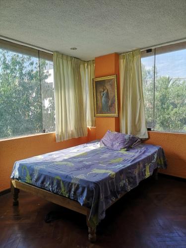 a bedroom with a bed in a room with windows at La Casa Junto Al Rio in Arequipa