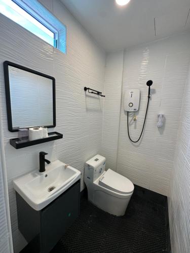 a bathroom with a sink and a toilet and a mirror at Georgetown Hotel in George Town