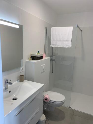 une salle de bain blanche avec toilettes et douche dans l'établissement Studio village Brando Cap-Corse, à Brando