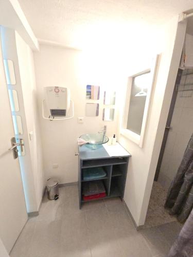 une salle de bain avec un lavabo et un miroir dans l'établissement Appartement proche Colmar, à Soultzbach-les-Bains