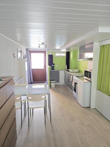 une cuisine avec une table et des chaises dans une pièce dans l'établissement Appartement proche Colmar, à Soultzbach-les-Bains