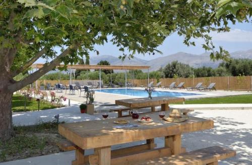 a picnic table under a tree next to a pool at Sofi Hotel in Neokhórion