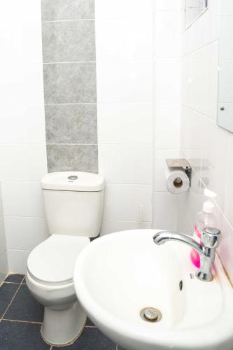 a white bathroom with a toilet and a sink at Mariehomes in Thika