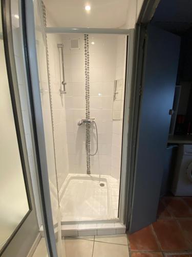 une douche avec une porte vitrée dans une salle de bain dans l'établissement studio Avignon Intra-Muros, à Avignon