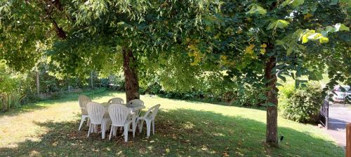 une table avec des chaises blanches sous un arbre dans l'établissement Ostal del Bos, à Lafeuillade-en-Vézie