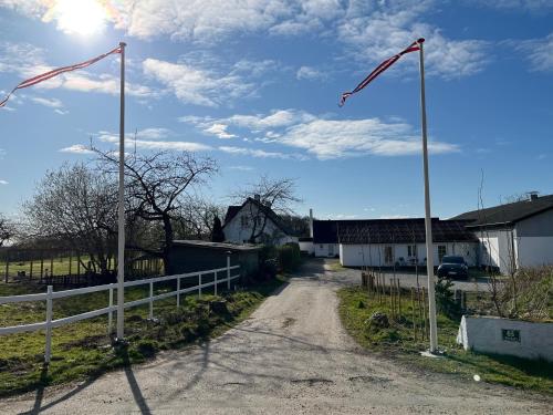 a dirt road with flags on poles in a village at Bakkely in Hjortshøj