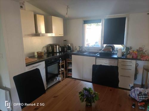 une cuisine avec des armoires blanches et un plancher en bois dans l'établissement Maison jardin spa a Bordeaux, à Mérignac