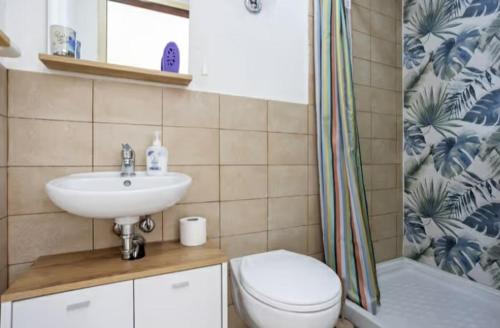 La Mansarda sul Verde في شاكا: حمام مع حوض ومرحاض ودش