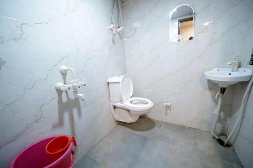 un baño con inodoro y lavabo en Saarthi Hotel Agra, en Agra