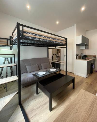 - un salon avec un canapé et une mezzanine dans l'établissement T1 Le Aynard, à Villeurbanne