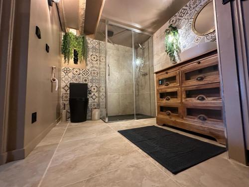 une salle de bain avec une douche avec une porte vitrée dans l'établissement Le trésor des Caraïbes, à Bussy-Saint-Georges