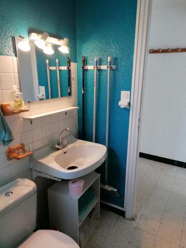 une salle de bain avec un lavabo et des toilettes dans l'établissement F2 Climatisé 800m de la Plage, à Canet