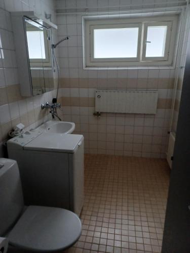 a bathroom with a sink and a toilet and a window at Myllymäki 22 X in Lahti
