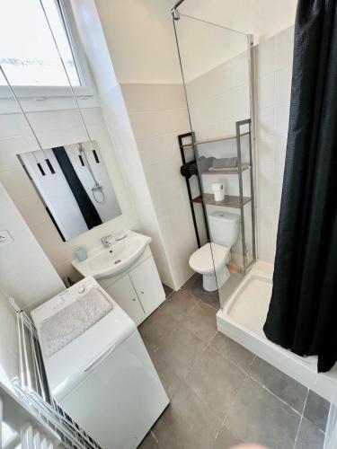 une salle de bain blanche avec douche et toilettes dans l'établissement Charmant studio moderne équipé à Nice, à Nice