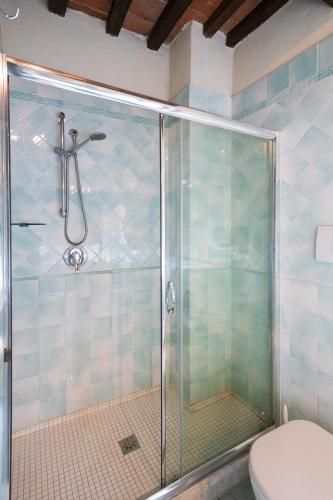 a bathroom with a glass shower with a toilet at Santa Flora by PosarelliVillas in Capolona