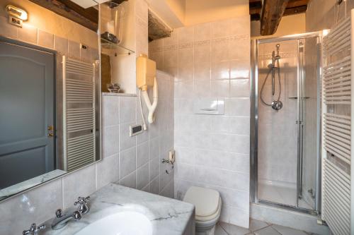 a bathroom with a shower and a sink and a toilet at Santa Flora by PosarelliVillas in Capolona