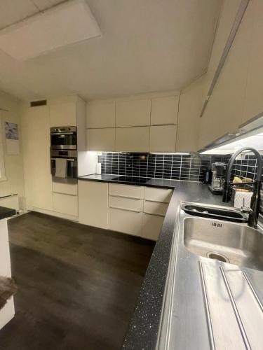 a kitchen with white cabinets and a stainless steel sink at Cabin in Jarfjord, Sør-Varanger in Karpbukt